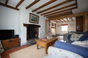 uma sala de estar com um sofá e uma lareira em Riverside Cottage em Llangollen