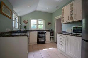 a kitchen with green walls and white cabinets at Riverside Cottage in Llangollen