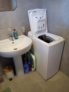 a bathroom with a sink and a washing machine at House ThoNi in Gornji Štoj