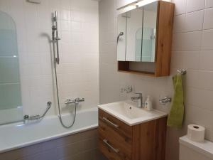 un bagno con lavandino e doccia di Chalet Valerie a Grächen