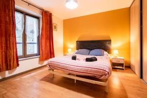 um quarto com uma cama grande e paredes cor-de-laranja em Le LENNON - Centre Ville T2 - Rez-de-chaussée em Limoges