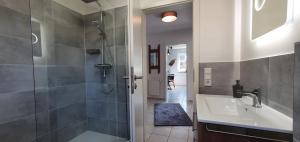 a bathroom with a shower and a sink at Vogelkoje - Urlaub an der Nordsee in Nordfriesland in Bredstedt +9 photos