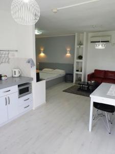 uma sala de estar com uma cozinha e uma cama em Sharvit Hakesem em Livnim