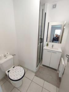 a white bathroom with a toilet and a sink at Le Tribord T3 étoilé avec jacuzzi in Saint-Méloir-des-Ondes