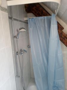 a shower with a blue shower curtain in a bathroom at Bright, sunny holiday apartment on the farm in Oberdiessbach