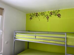 ガイジングにあるFerienanlage Geisingblickの緑の壁の二段ベッドが備わる客室です。