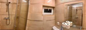 een badkamer met een douche en een toilet en een televisie bij Komfort apartman in Vác