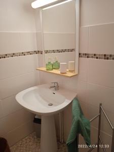 a bathroom with a white sink and a mirror at Charmant studio 8, parking et wifi gratuit, arrêt navette in Bagnoles de l'Orne
