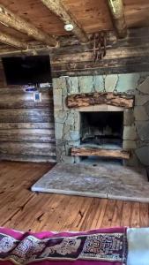 Cabañas Walwalun في تونويان: غرفة معيشة مع موقد حجري في منزل