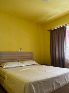 a bedroom with a bed with yellow walls and a window at Mineu Vacation Rentals in Golem