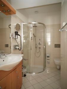 ein Bad mit einer Dusche und einem Waschbecken in der Unterkunft Vienna Studio Apartments in Wien
