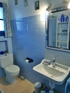 uma casa de banho azul com um WC e um lavatório em Caseta de pescadors a les cales de Colera, 2ª linea de mar em Colera