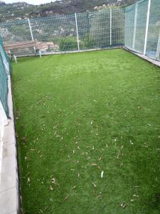 un jardín con césped verde y una valla en Maison à contes, en Contes