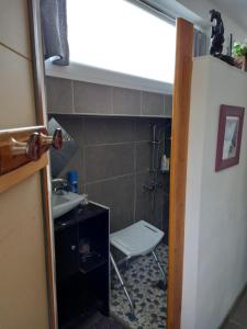 een kleine badkamer met een wastafel en een toilet bij Maison à contes in Contes