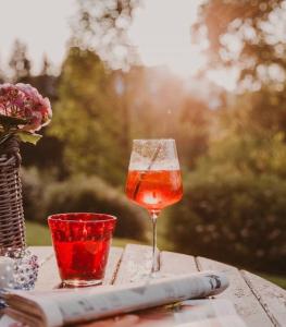 ein Glas Wein auf einem Tisch mit einer Serviette in der Unterkunft Sunset House - 130 qm Whg. - Vallendar / Koblenz in Vallendar