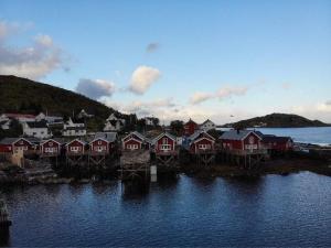 a group of houses on the shore of a body of water at Madelhea Cabin- Seaview Lodge in Reine