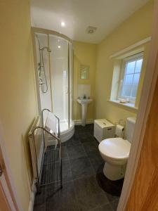 a bathroom with a shower and a toilet and a sink at Magnolia Cottage in Launceston