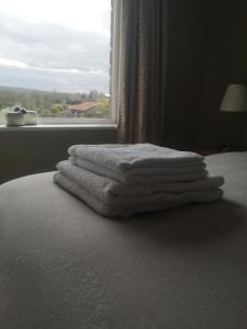 a pile of towels sitting on a bed in front of a window at Greystones guesthouse in Whitby