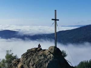 a man sitting on a rock with a cross on top at Altes Forsthaus Bodenmais in Bodenmais