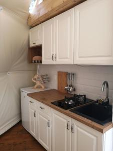 a kitchen with white cabinets and a sink at Medve Dome - Luxury Camping in the middle of nature in Vlăhiţa