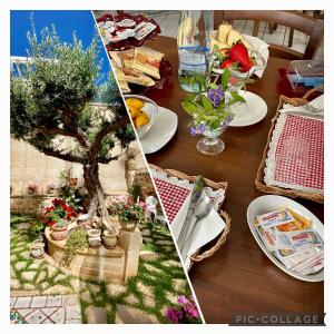 uma mesa com pratos e uma árvore em cima em Guest House Al Gattopardo em Favignana