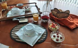 a table with a breakfast of tea and bread at Kerlobek Albacore in Groix