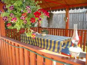 a table with a blue and white checkered table cloth on a wooden deck at Casa Judith in Turda