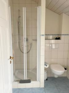 a bathroom with a shower and a toilet at Pension Walfischhaus in Born