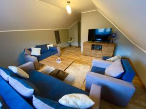 a living room with blue couches and a flat screen tv at Domek całoroczny "U Haliny'' in Mutne