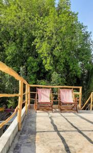 2 sillas sentadas en un patio con árboles en el fondo en Guaya Hostel en Mérida