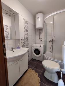 a bathroom with a toilet sink and a washing machine at Apartman Kristina in Vrbnik
