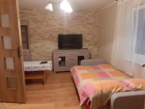 sypialnia z łóżkiem i telewizorem na stole w obiekcie Sleeping Harsz w mieście Harsz