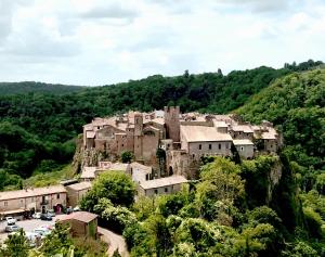 a village on top of a hill with trees at Casa Odette Calcata in Calcata