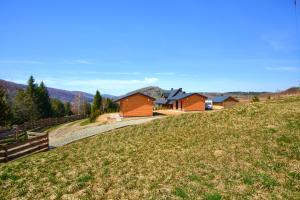 trawiaste wzgórze z szeregiem domów w obiekcie Słoneczna Solina Bóbrka Domek Wilk w Solinie