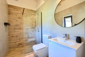 a bathroom with a toilet and a sink and a mirror at Słoneczna Solina Bóbrka Domek Wilk in Solina