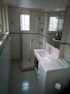 a bathroom with a sink and a shower at L'OASIS maisonnette centre ville 3 chambres terrasse espace vert privé parc sainte croix center parc 20 minutes in Sarrebourg