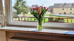 a vase of red flowers sitting on a window sill at Słoneczna Przystań - Apartament in Szczedrzyk
