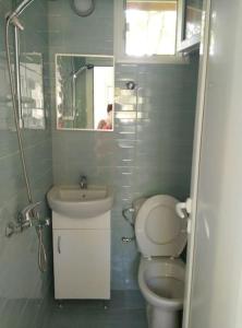 uma casa de banho com um WC, um lavatório e um espelho. em Blue summer villa em Sinemorets