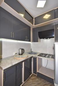 a kitchen with black cabinets and a counter top at 7/1Exellent apartment in the center of the capital in Yerevan +16 photos