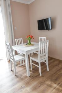 mesa de comedor blanca con 4 sillas y TV en Apartament Zosienka en Zator