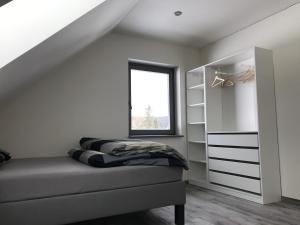 um quarto com uma cama, uma cómoda e uma janela em Roubenky Hřebečná em Hřebečná