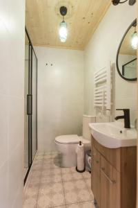a bathroom with a toilet and a sink and a mirror at Ostoja Orżyny, Dom nr 2 - Zielono mi in Dźwierzuty
