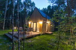 a wooden cabin with a table and chairs on a deck at Ostoja Orżyny, Dom nr 2 - Zielono mi in Dźwierzuty