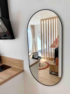 漢斯的住宿－Studio design au centre de Reims，客厅旁墙上的镜子