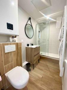 a bathroom with a toilet and a sink and a mirror at Studio design au centre de Reims in Reims