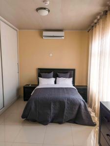 a bedroom with a bed with a black comforter at Luxurious Chimwemwe II - Kat-Onga Apartments in Lusaka