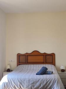 Una cama con dos almohadas azules encima. en Apartamentos Plaza Mayor, en León