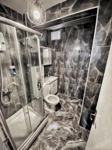 a bathroom with a toilet and a glass shower at Lola backpacker's Hostel in Istanbul