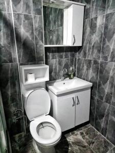 een badkamer met een wit toilet en een wastafel bij Lola backpacker's Hostel in Istanbul