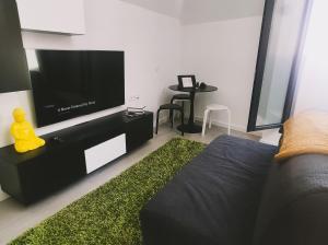 a living room with a flat screen tv and a couch at Debaixo das Estrelas in Aveiro